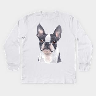 Boston Terrier Watercolor Art Kids Long Sleeve T-Shirt